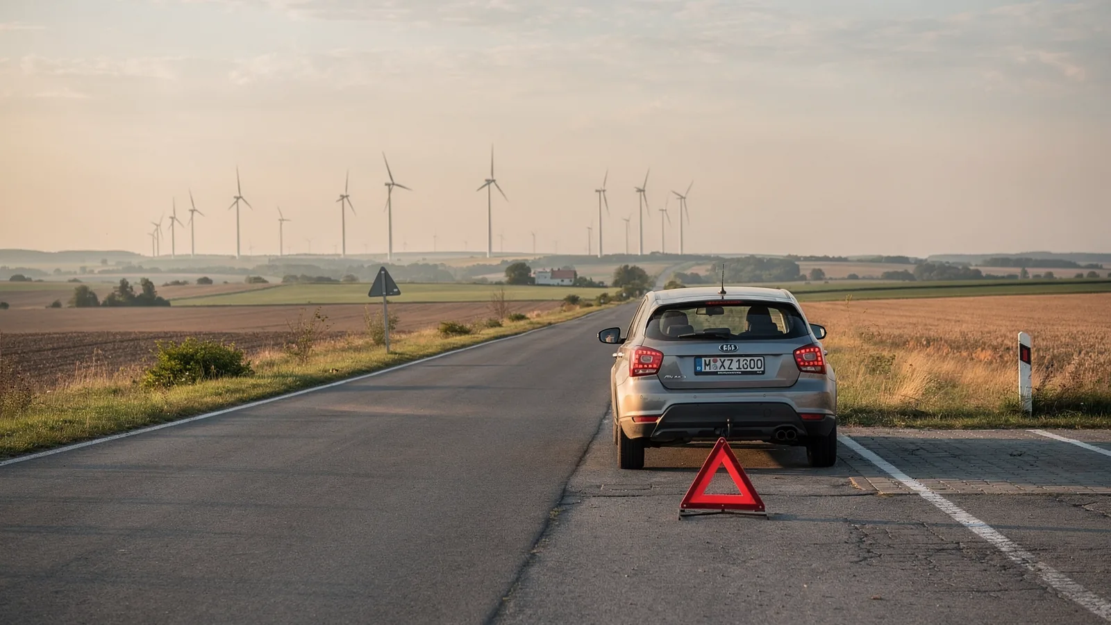 Osobné auto s výstražným trojuholníkom na odstavnej ploche pri ceste na rovine pri hranici